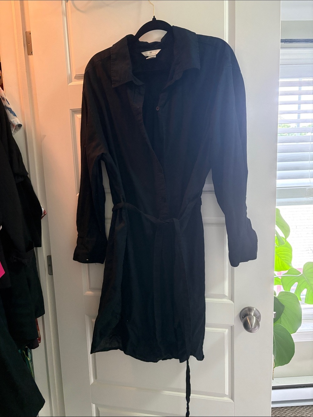 Black Shirt Dress, linen blend with Waist Tie